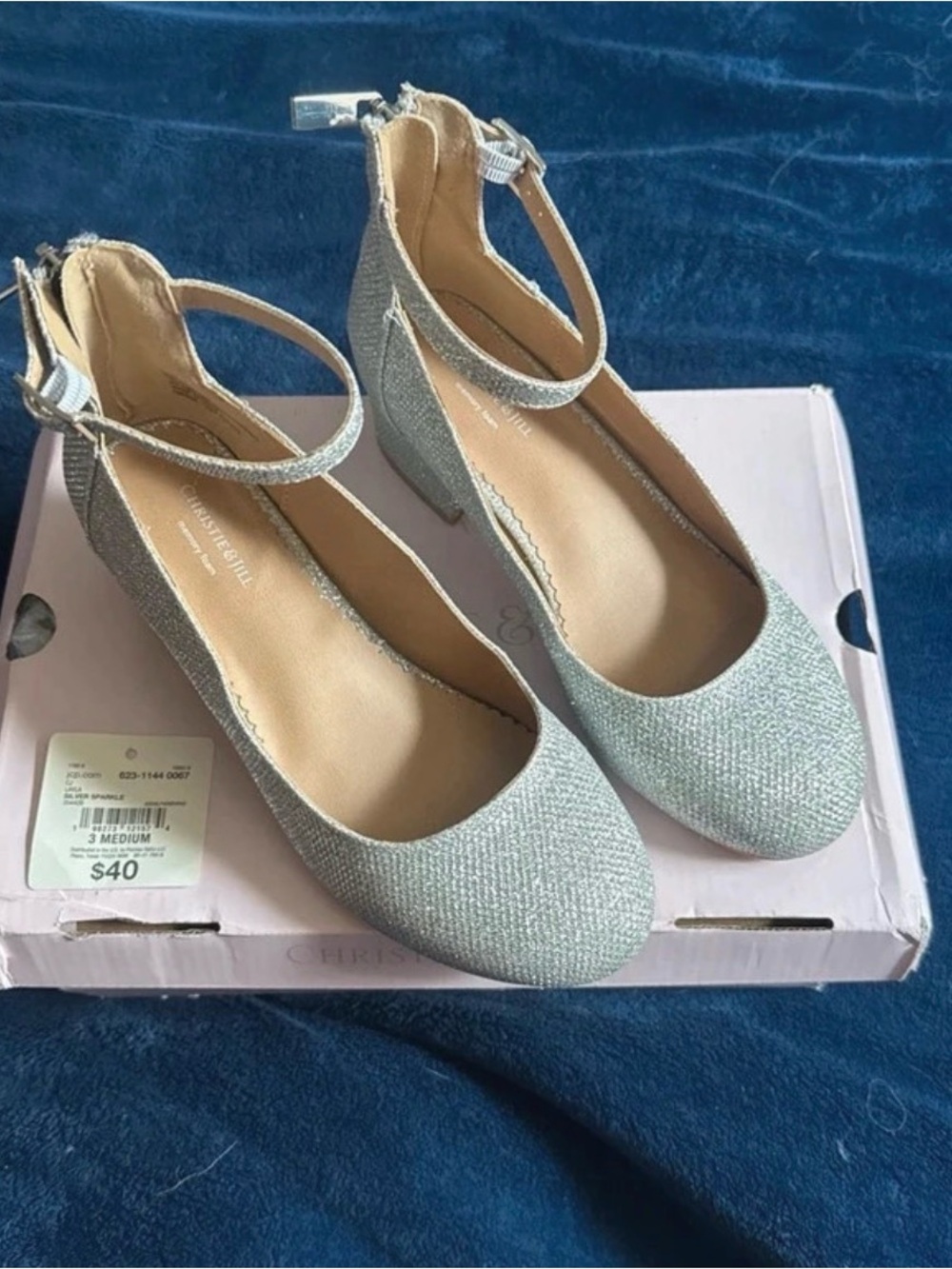 Girls Sparkle Ankle-Strap Dress Flats in Light Silver